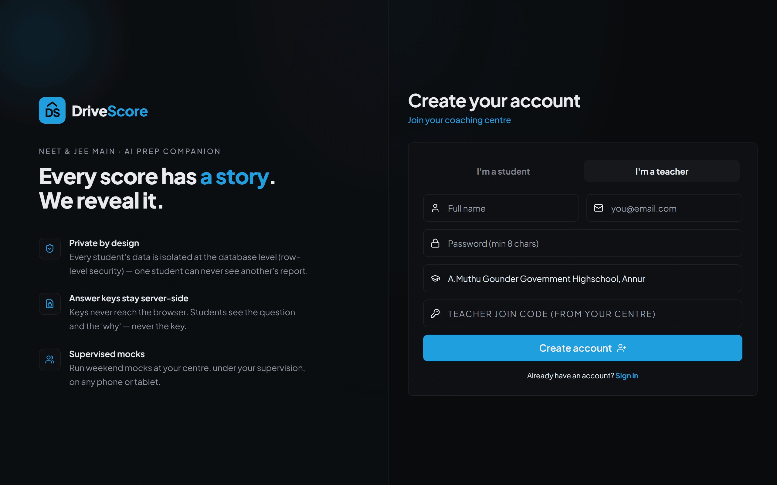 The sign-up page with the Teacher option and join code field
